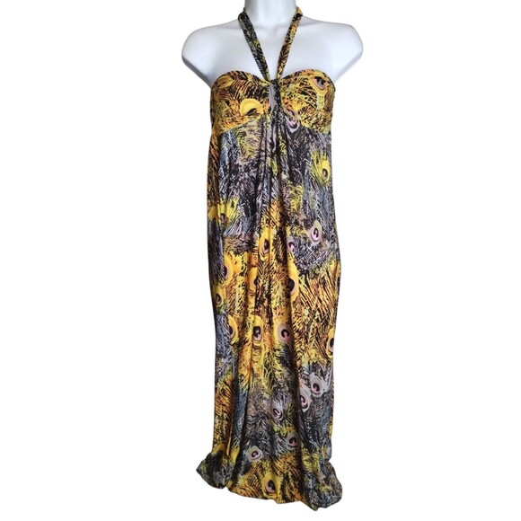 Womens Blue and Gold Peacock Feather Pattern Maxi Halter Dress Med - Picture 2 of 6